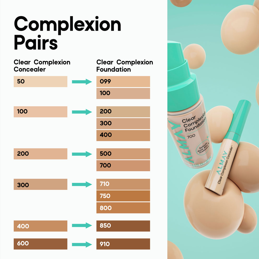 Chart showing 'Clear Complexion' makeup color pairs with a bottle and applicator on a light blue background.